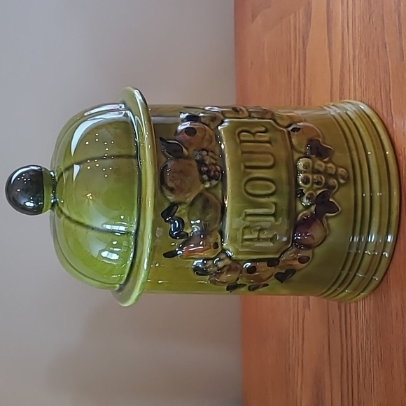 LOS ANGELES POTTERY Vintage 1967 Mid Century Olive Green Fruits Canister Set - Picture 4 of 17
